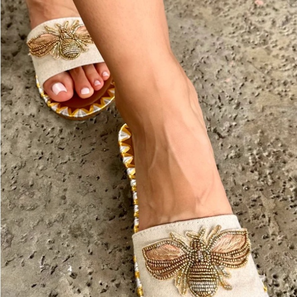 Embellished Beige Slide Sandals